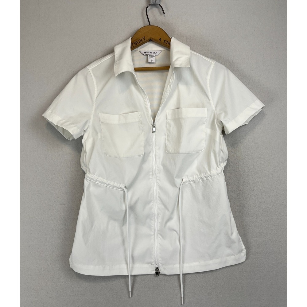Athleta Avenue Zip Top White Short Sleeve Utility Shirt XS 533014